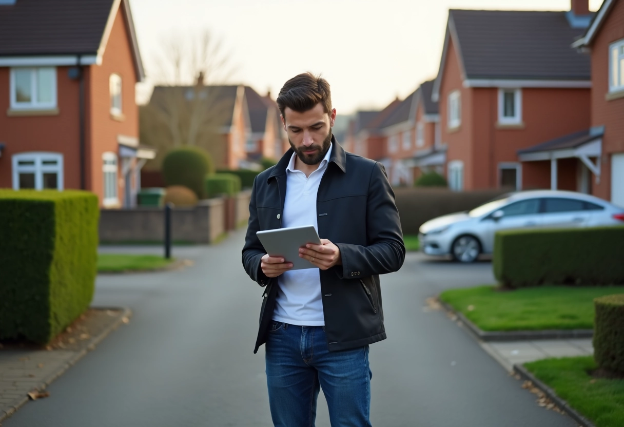 Jeune homme consulte une tablette devant une maison