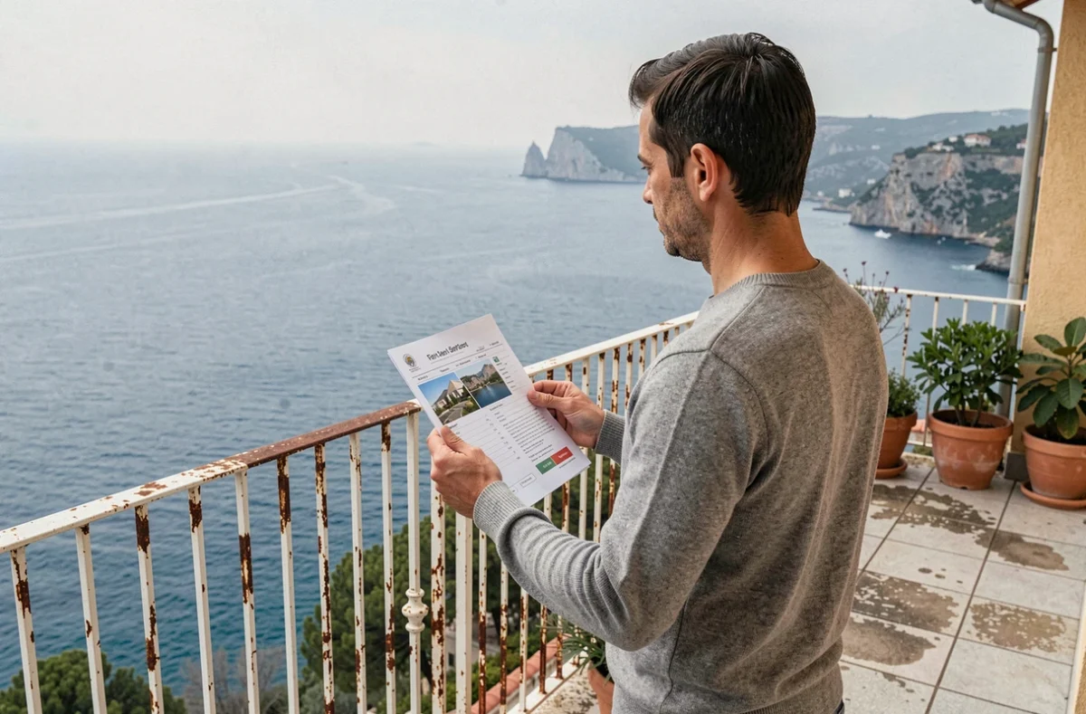 Homme tenant une annonce immobilière sur la terrasse d'une maison vue mer à vendre au bord de la côte