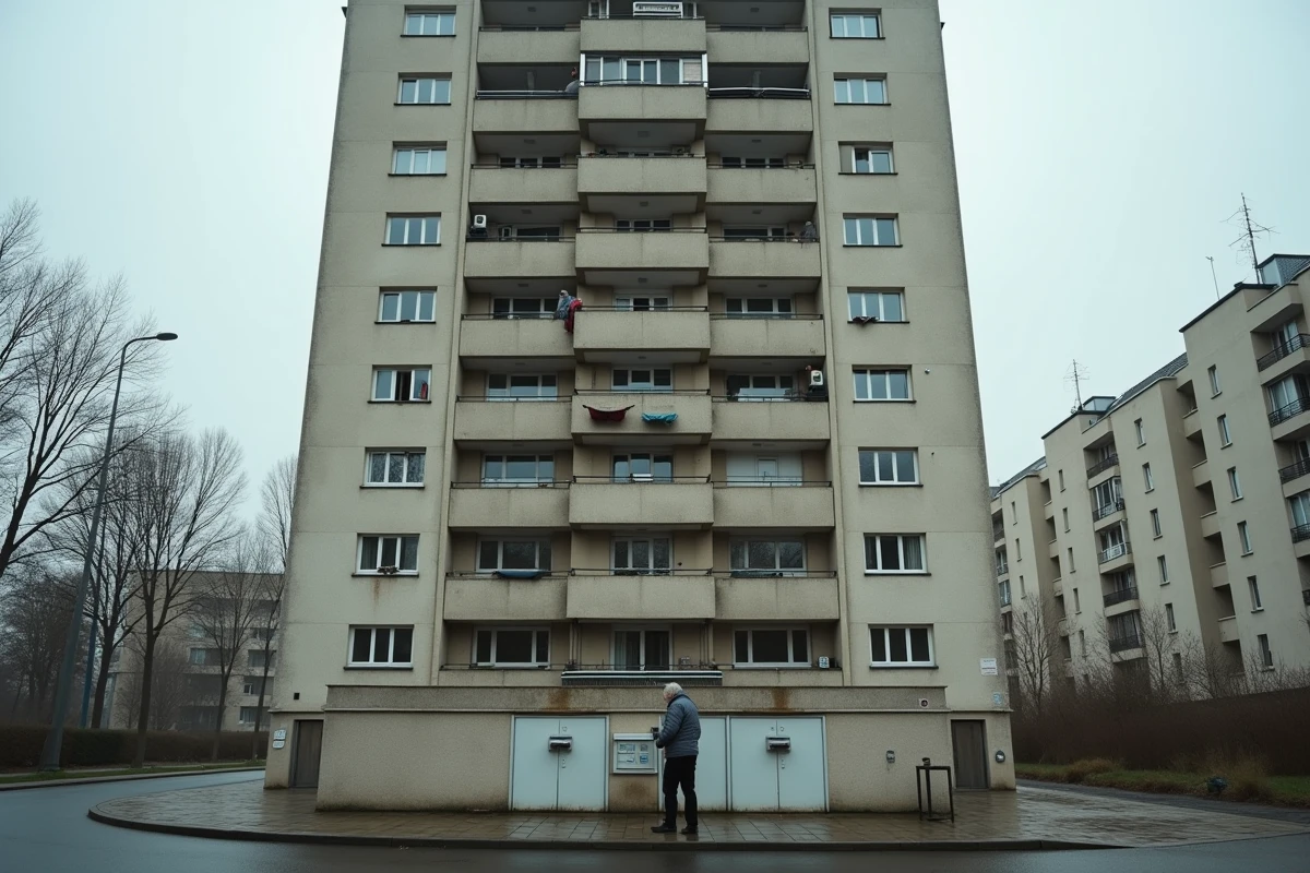 Immeuble HLM en banlieue française avec résident consultant sa boîte aux lettres, illustration d'un surloyer en logement social