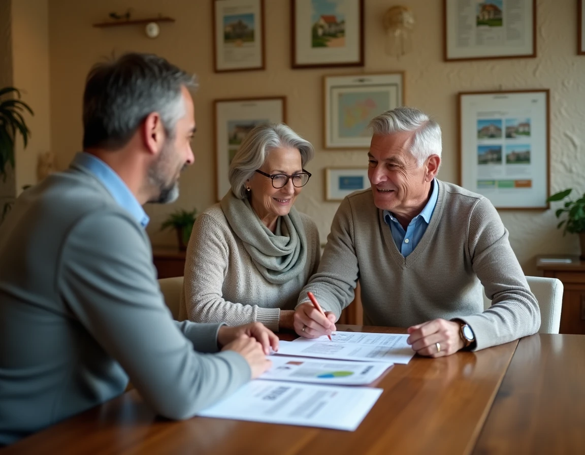 Conseiller Immobilier de France accompagnant un couple de seniors dans la consultation d'un dossier immobilier en agence