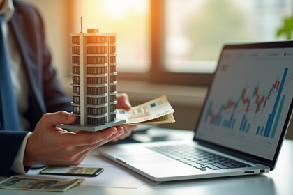 Représentant immobilier avec modèle et billets euro