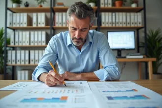 Ingénieur civil annotant des tableaux d'indice BT47 sur un bureau couvert de documents de calcul de révision de prix