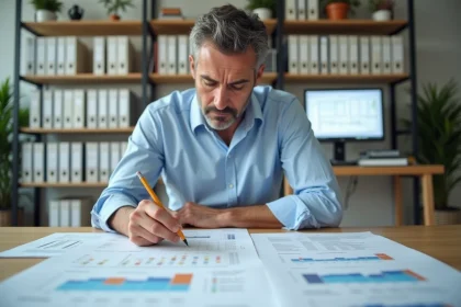 Ingénieur civil annotant des tableaux d'indice BT47 sur un bureau couvert de documents de calcul de révision de prix