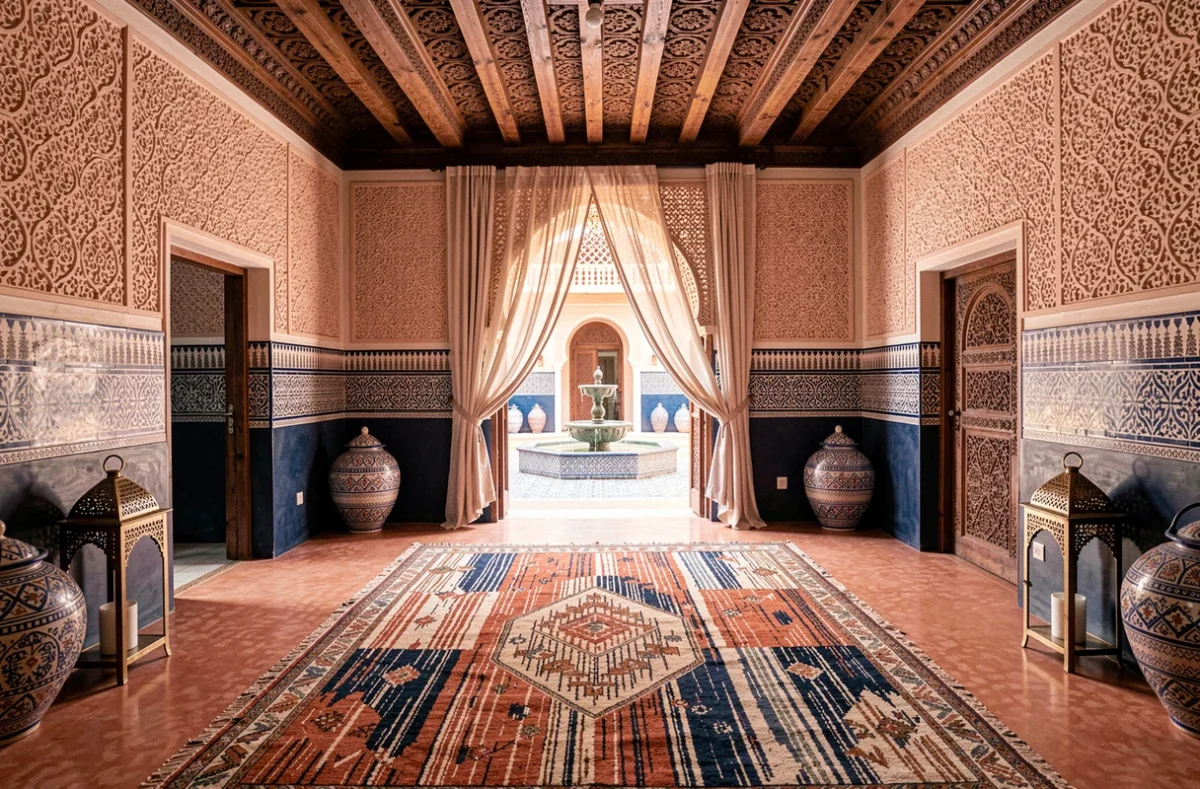 Intérieur luxueux d'une villa à vendre à Marrakech avec architecture riad et décoration artisanale marocaine
