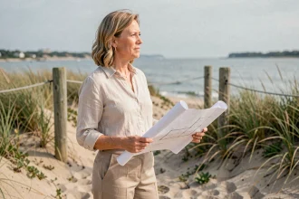 Femme tenant un plan architectural sur un terrain en bord de mer, envisageant un investissement immobilier côtier