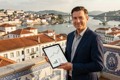 Investisseur immobilier sur une terrasse panoramique à Porto consultant un simulateur de rentabilité sur tablette avec vue sur le Douro et les toits en tuiles