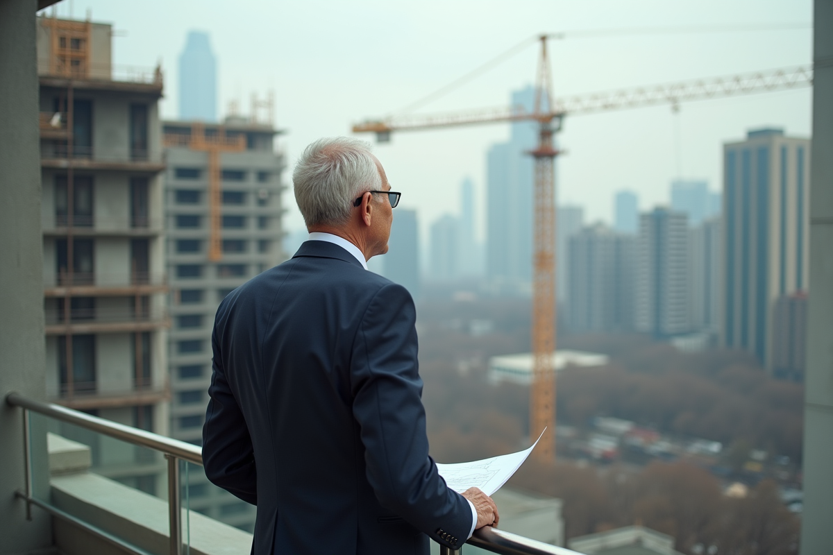 Investisseur immobilier homme observant chantier urbain depuis balcon