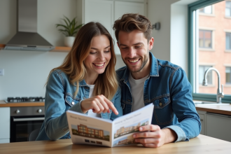 Jeune couple examine un plan immobilier dans un appartement rénové