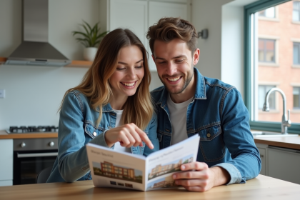 Jeune couple examine un plan immobilier dans un appartement rénové