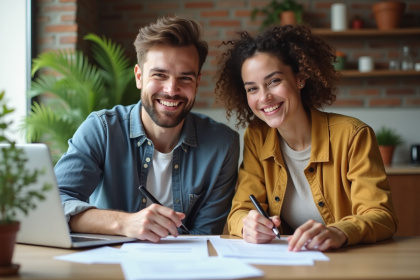 Jeune couple souriant lors de la signature de documents immobiliers
