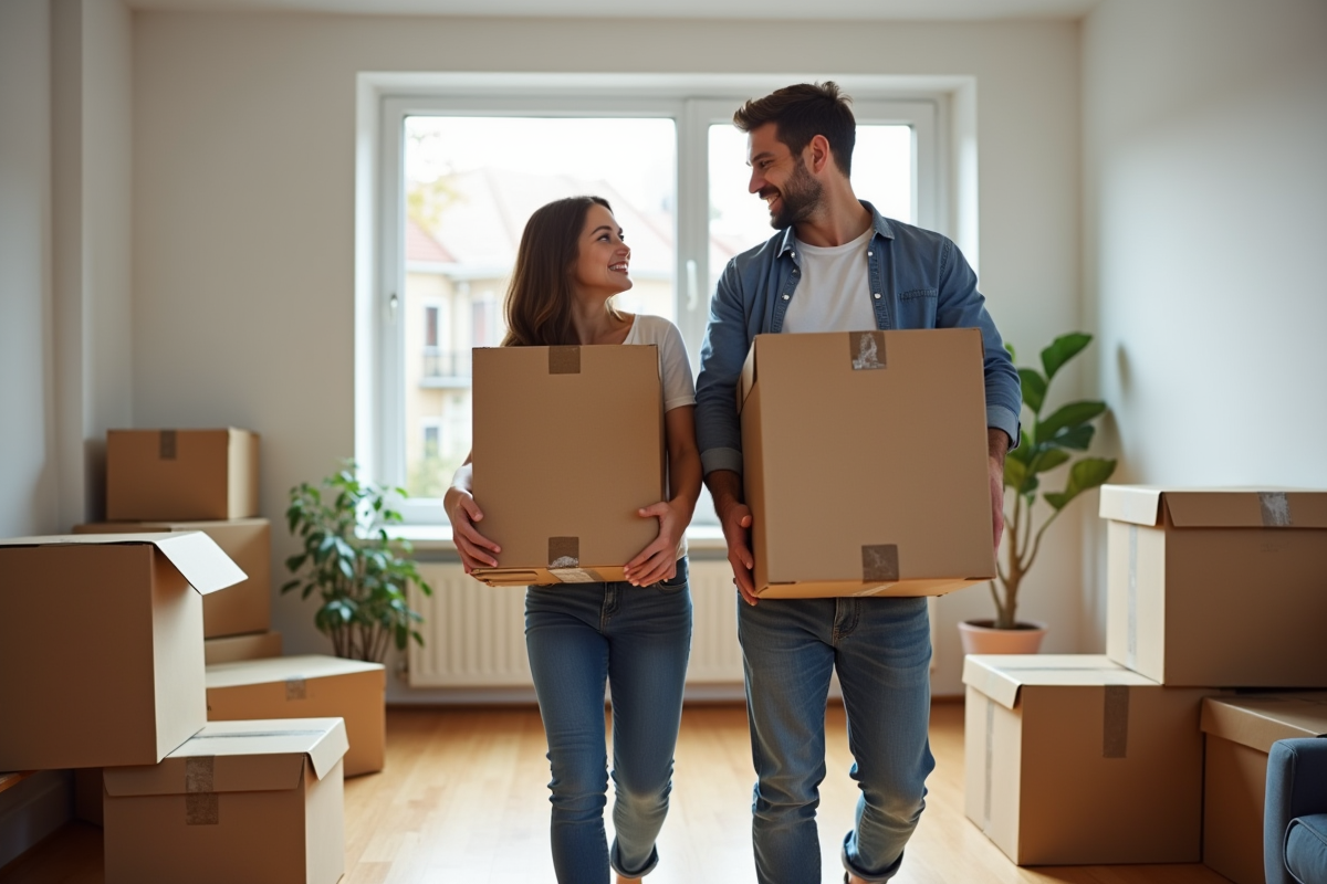 Jeune couple souriant avec cartons dans un appartement moderne