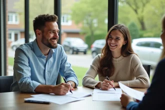 Jeune couple souriant signant des papiers avec un agent immobilier