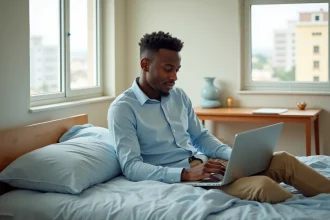 Jeune étudiant assis sur son lit dans un appartement à Abidjan