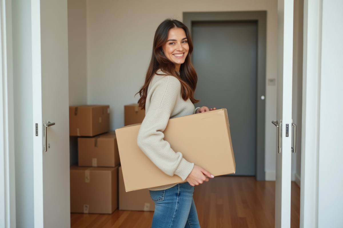 Jeune femme souriante portant une boîte dans un appartement moderne