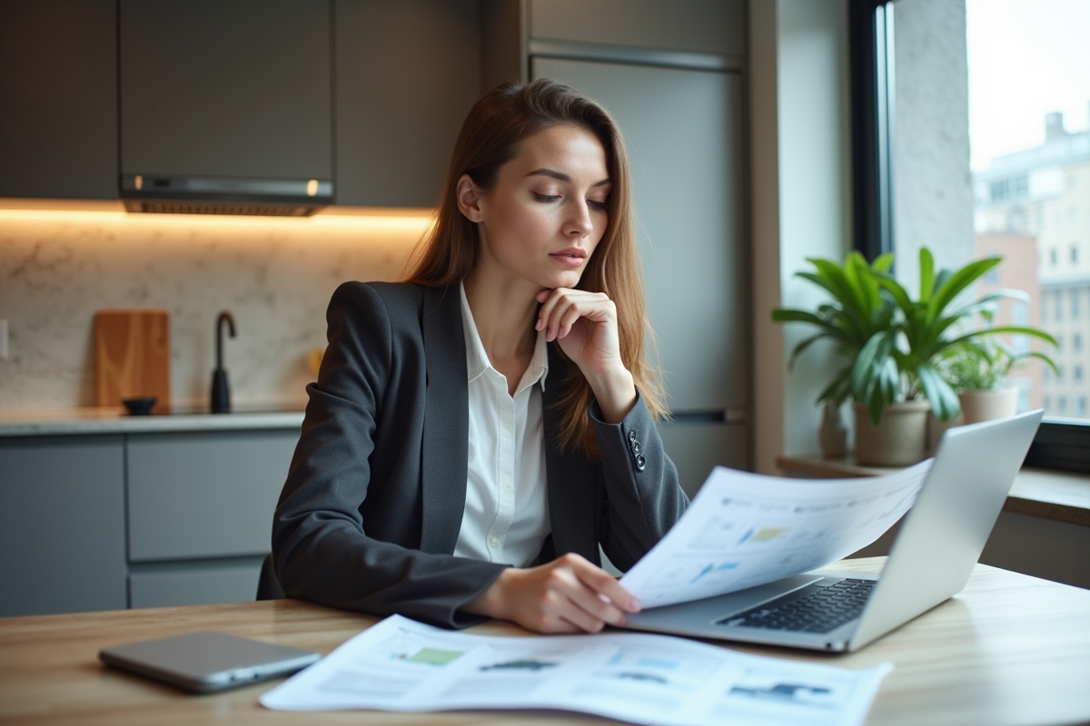Jeune femme analysant annonces immobilières à la maison