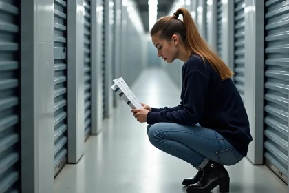 Jeune femme regardant une liste de prix dans un centre de stockage