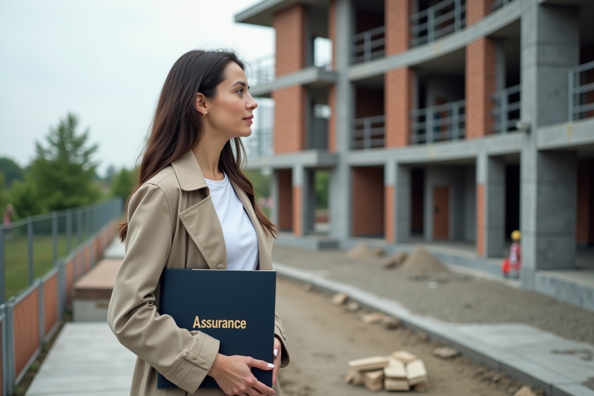 Jeune femme en trench regardant un chantier de construction moderne