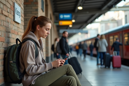 Jeune femme avec sac à dos vérifiant une carte dans une gare