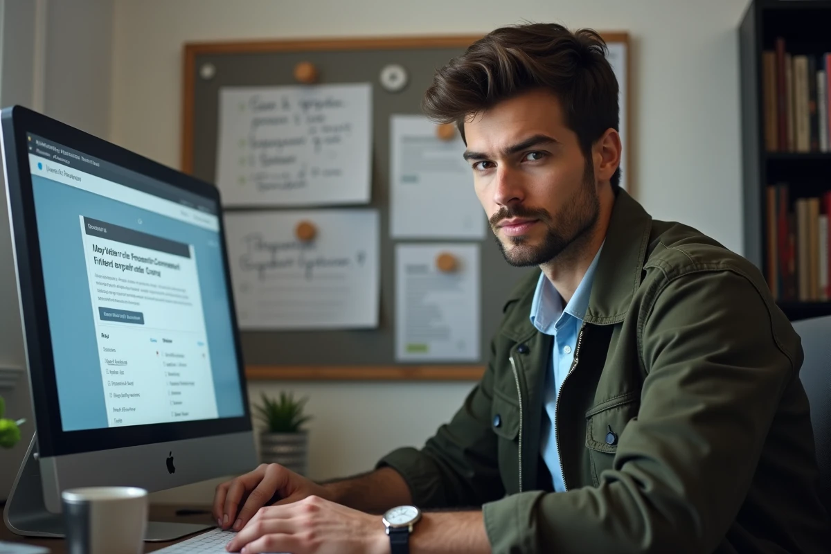 Jeune homme en CDD consultant des offres de location de maisons sur internet dans le département 27