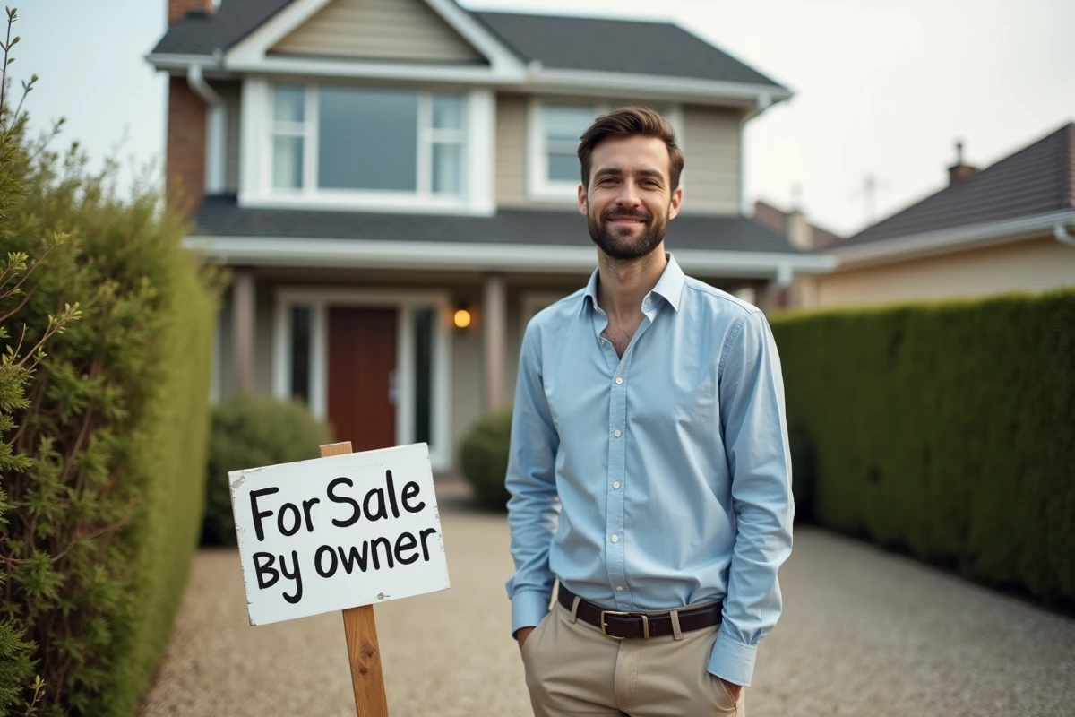 Jeune homme devant une maison avec panneau de vente
