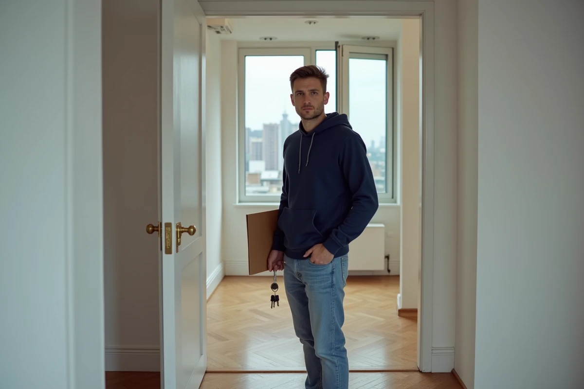 Jeune locataire tenant ses clés et documents de caution devant son nouvel appartement vide