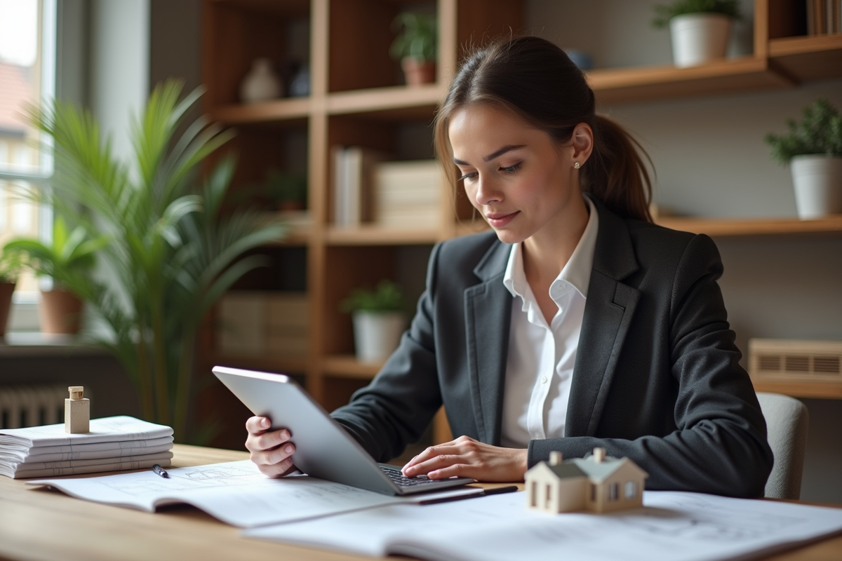 Architecte femme analysant plan 3D de maison