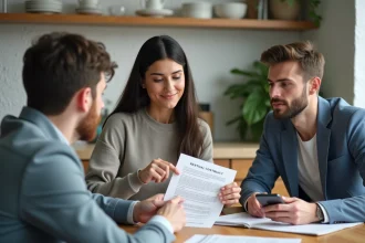 Trois jeunes adultes discutent d’un contrat de location dans un appartement moderne