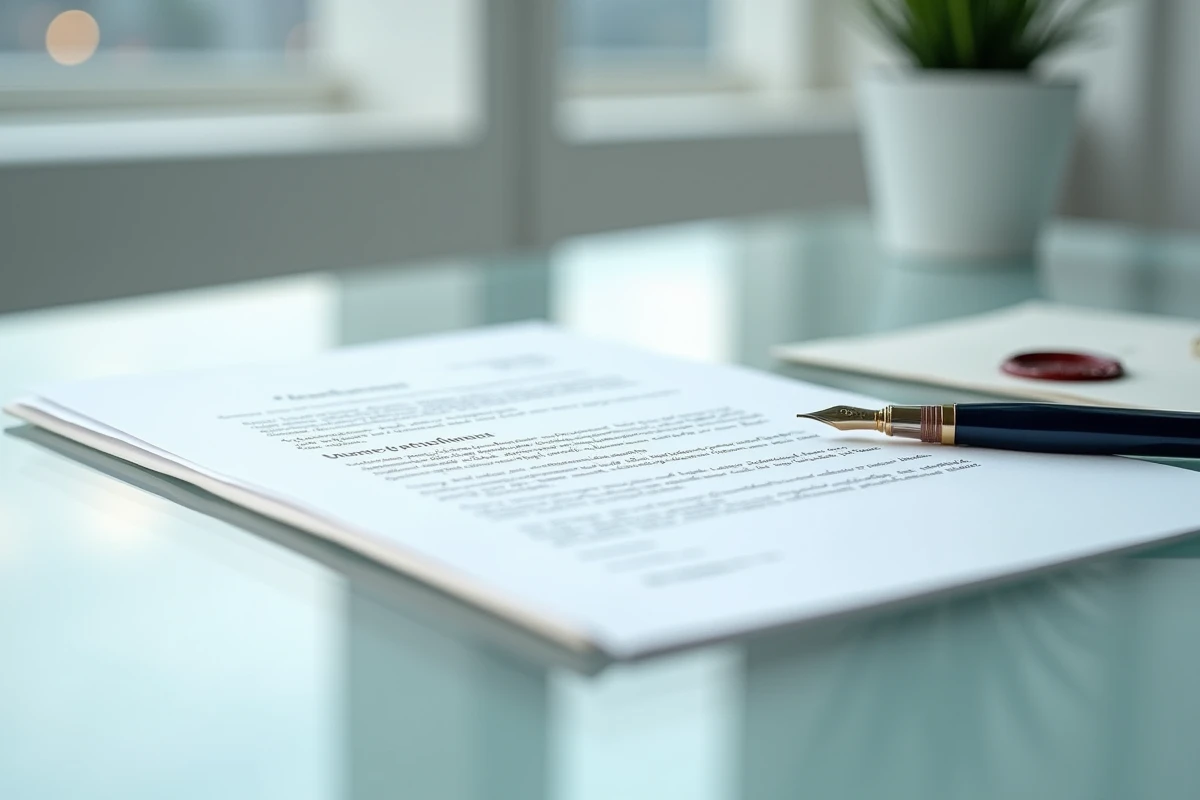 Gros plan sur une lettre formelle urgente adressée à un notaire avec un stylo plume et un cachet de cire sur un bureau moderne