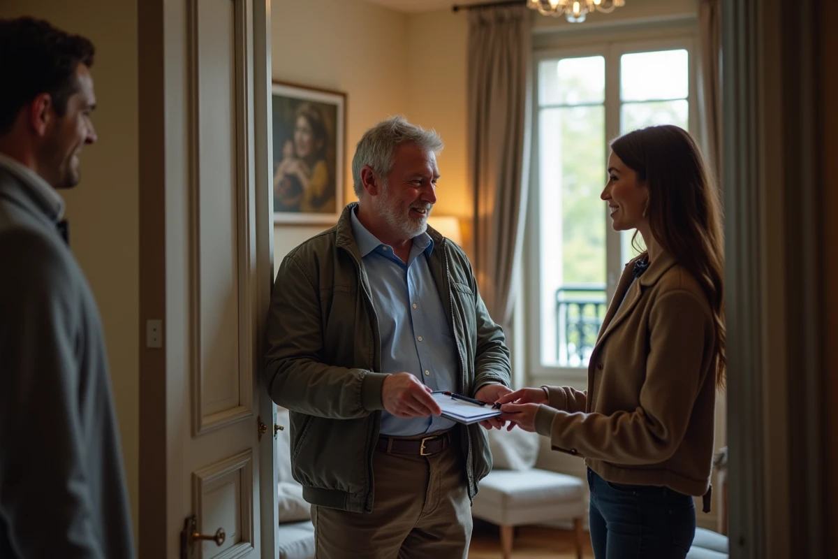 Homme remettant des clés à un couple dans un appartement parisien