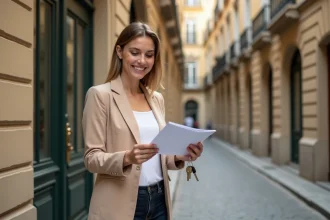 Jeune locataire tenant les clés de son appartement devant un immeuble lyonnais en pierre avec documents de location à la main
