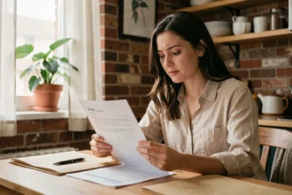 Jeune femme locataire lisant son attestation d'assurance habitation à la table de sa cuisine