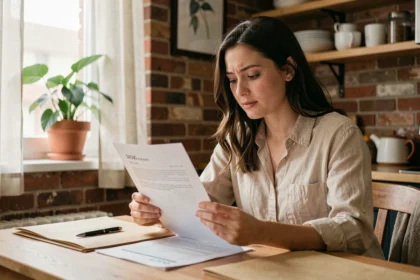 Jeune femme locataire lisant son attestation d'assurance habitation à la table de sa cuisine