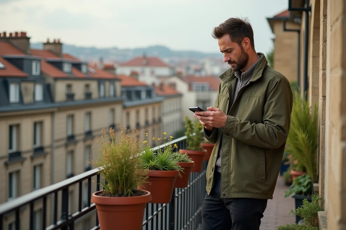 Locataire consultant une annonce immobilière sur smartphone depuis un balcon avec vue sur les toits de Lyon