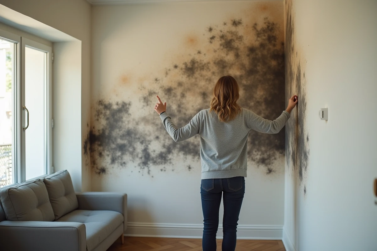 Locataire montrant une grande tache de moisissures dans son appartement dans le cadre d'un litige immobilier