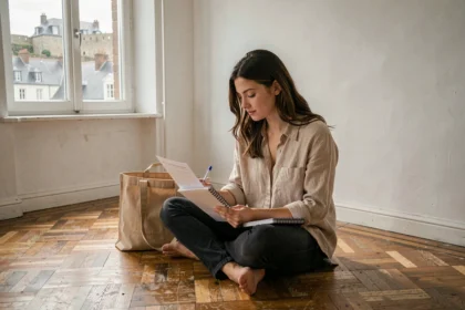 Jeune femme cherchant une location appartement pas chère à Concarneau en consultant des annonces immobilières dans un appartement vide