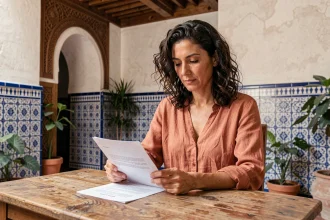 Femme examinant un contrat de location longue durée dans un riad traditionnel d'Essaouira au Maroc