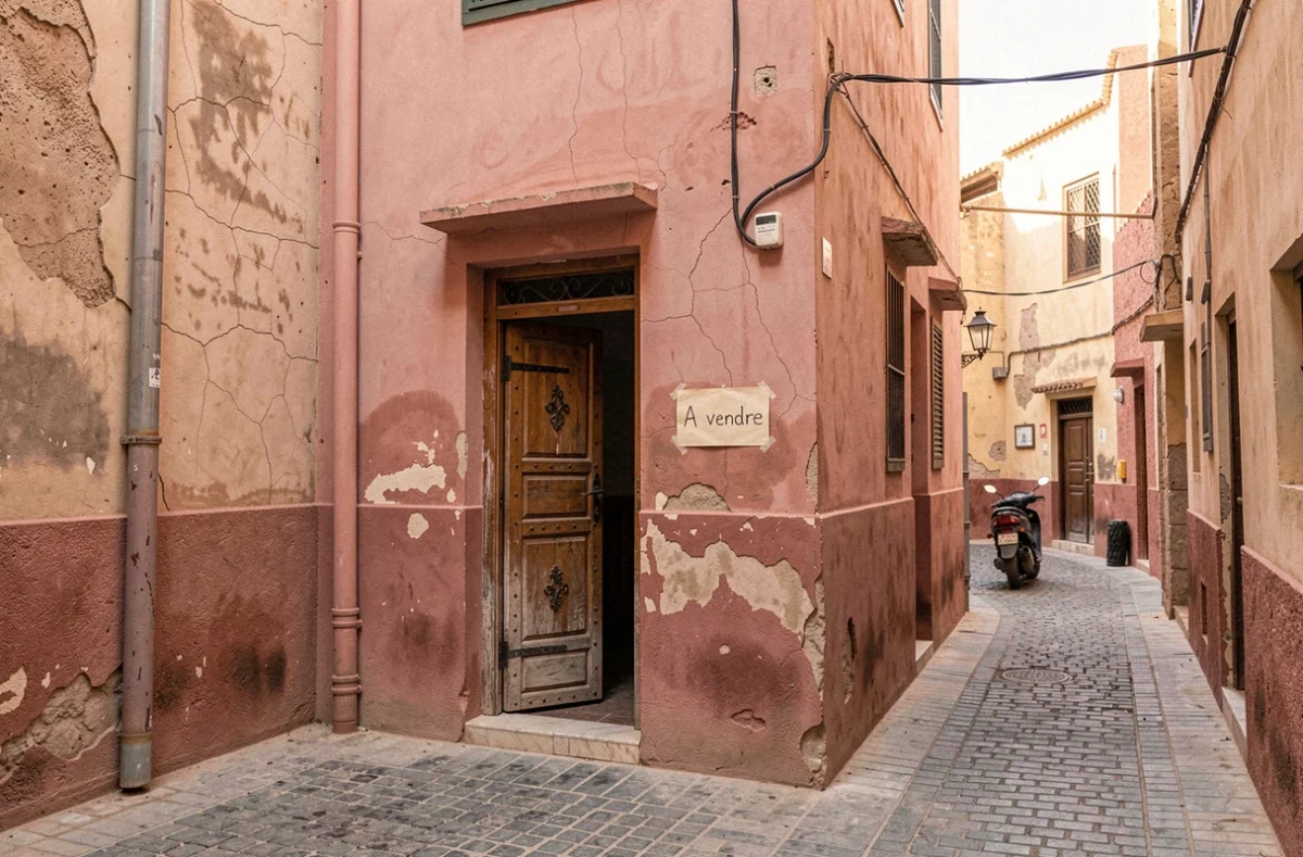 Façade de maison à vendre dans la médina de Marrakech avec panneau artisanal et porte en bois traditionnelle