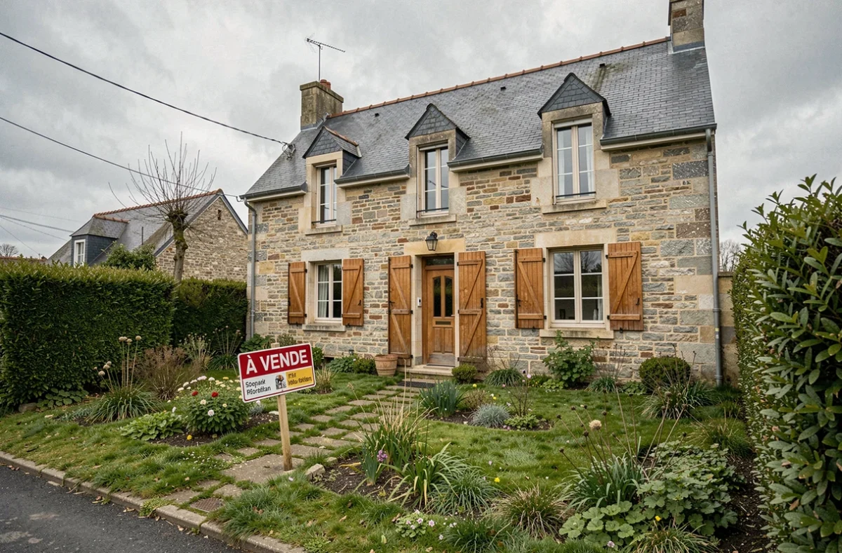 Maison en pierre bretonne à vendre en urgence en Morbihan avec panneau immobilier dans le jardin