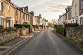 Maisons d'une rue résidentielle vues depuis le trottoir