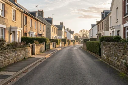 Maisons d'une rue résidentielle vues depuis le trottoir