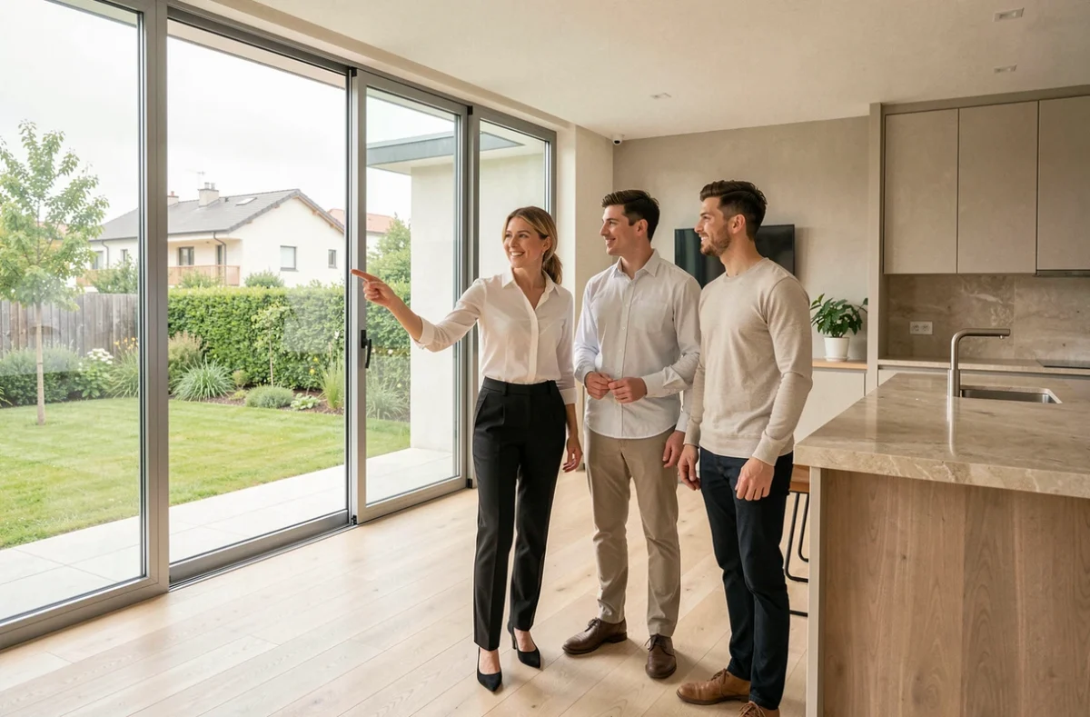 Commerciale Marignan faisant visiter un appartement témoin neuf à un couple dans le Loiret