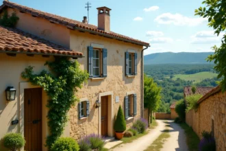 Vue grand angle d'une maison en pierre typique de l'Ardèche avec des collines verdoyantes en arrière-plan, illustrant le marché immobilier ardéchois