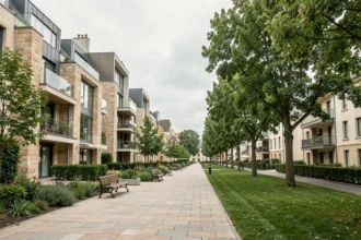 Vue d'ensemble d'un programme immobilier résidentiel moderne dans le Loiret, avec des immeubles contemporains et des espaces verts aménagés