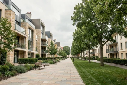 Vue d'ensemble d'un programme immobilier résidentiel moderne dans le Loiret, avec des immeubles contemporains et des espaces verts aménagés