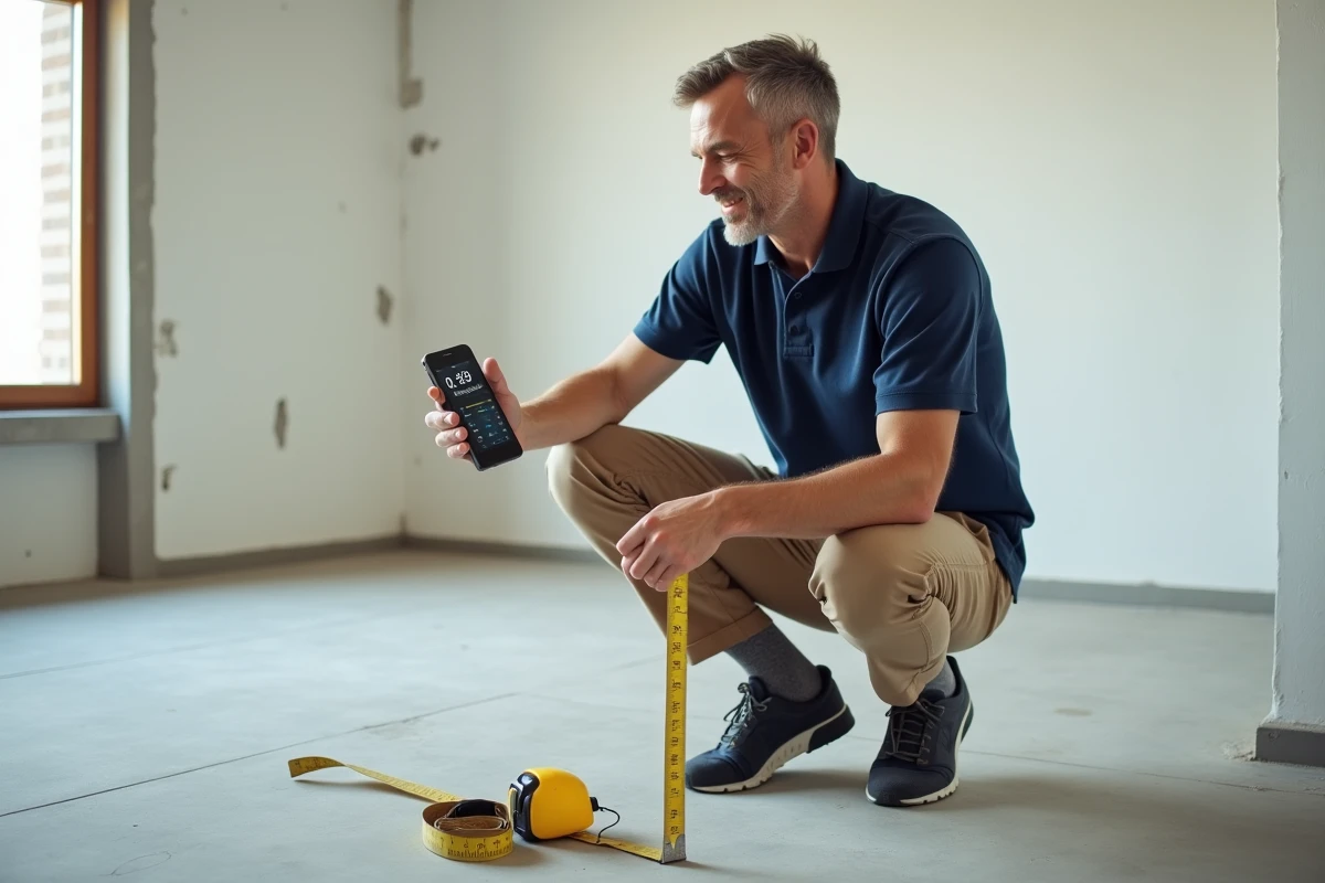 Homme mesurant une pièce vide avec un mètre numérique et une application de calcul de surface