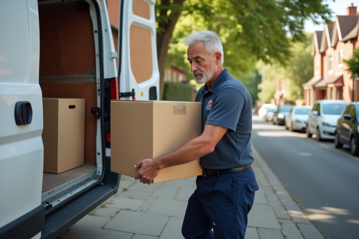 Homme en vêtements de travail soulevant une caisse dans la rue
