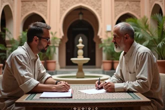 Négociation immobilière dans la cour d'un riad traditionnel à Marrakech entre un acheteur européen et un intermédiaire local