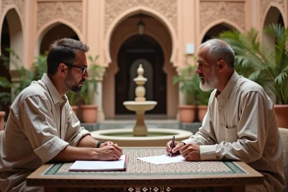 Négociation immobilière dans la cour d'un riad traditionnel à Marrakech entre un acheteur européen et un intermédiaire local