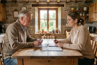 Couple en instance de divorce négociant la vente de leur maison autour d'une table dans une maison bretonne