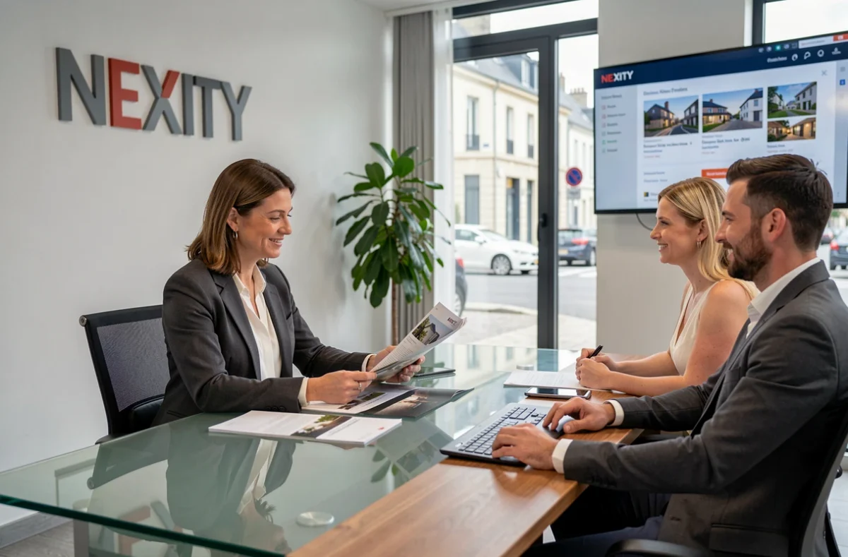 Conseillère Nexity en réunion avec des clients dans une agence immobilière moderne à Orléans